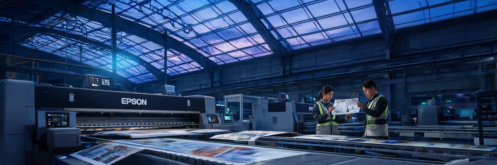 Epson print production line at night with operators in motion