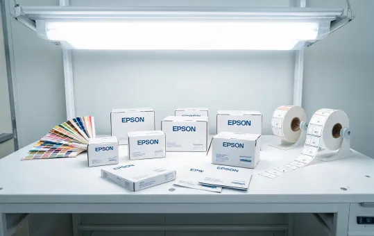 Packaging prototype table with Epson print samples