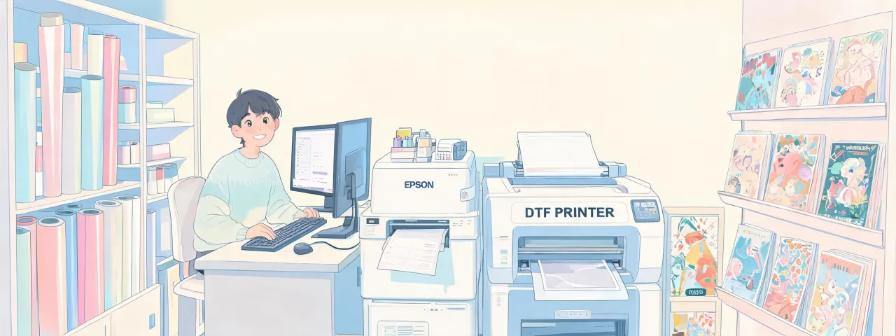 Friendly illustration of Epson supported print shop with operator and printer