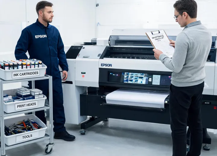 Epson service engineer with parts cart in printroom
