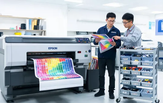 Epson printroom after service planning with operators checking output