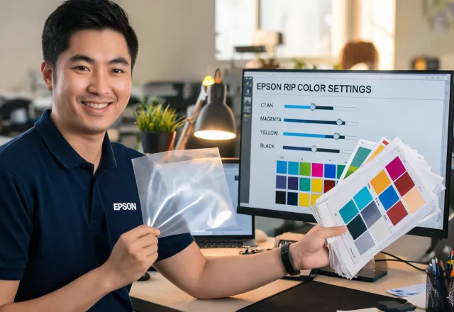 Epson application engineer reviewing print samples with customer