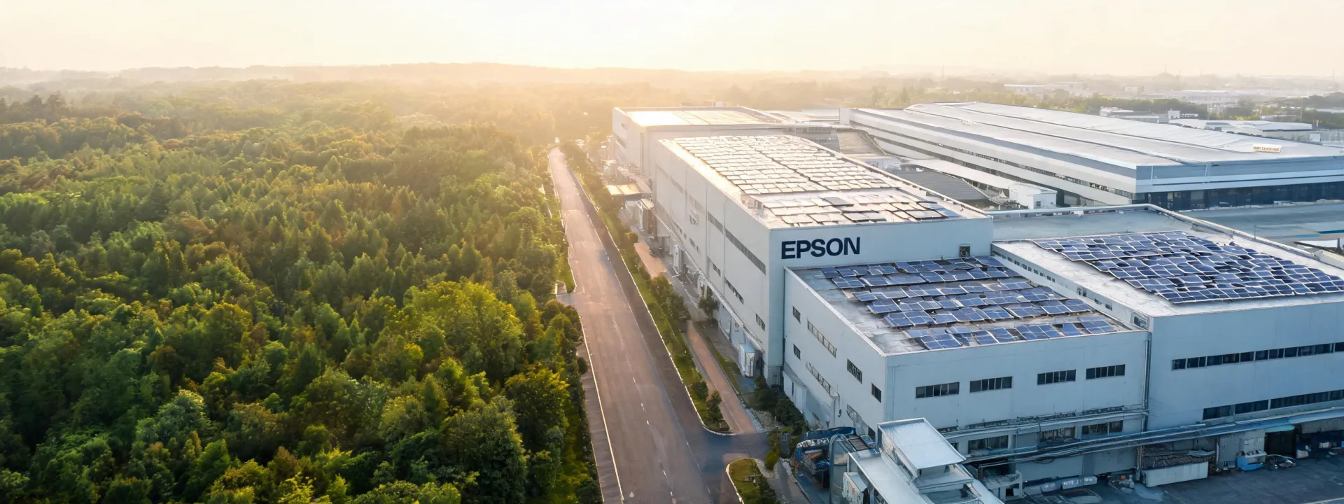 Forest landscape with Epson print facility rooftop solar panels